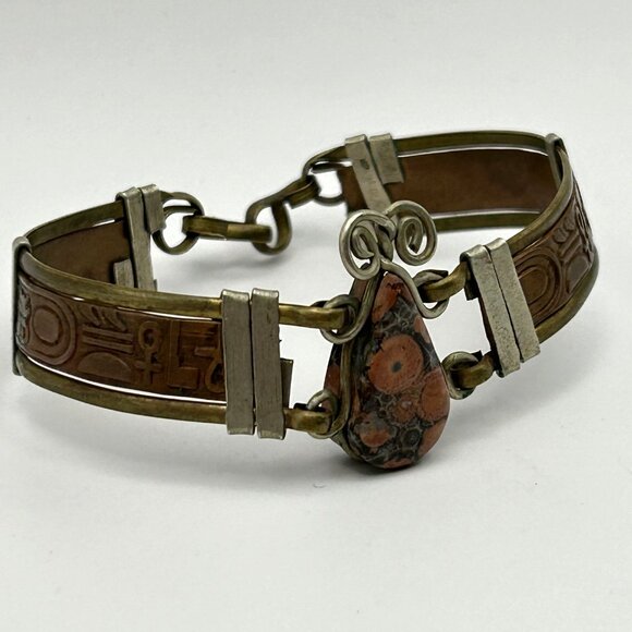 Vintage Egyptian Revival Jasper Stone Bracelet Brass Mixed Metal 6.75 in - Picture 1 of 16